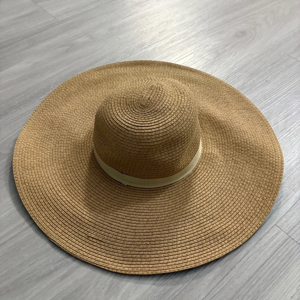 Express Hat Women Tan Oversized Floppy Straw Sun Hat Wide Brim Beach Vacation OS